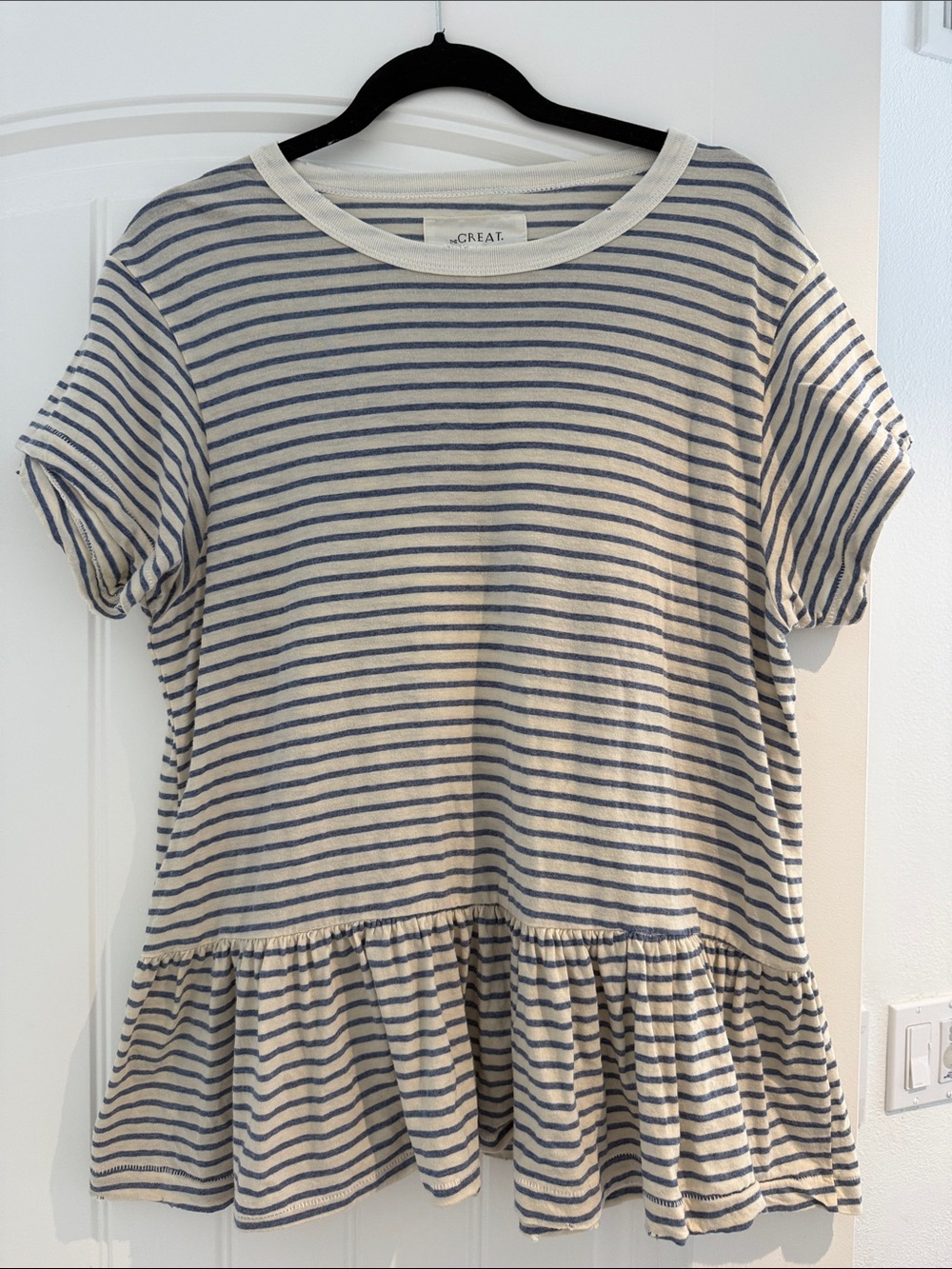 The Great. Peplum Tee in Cream and Navy stripe size 2
